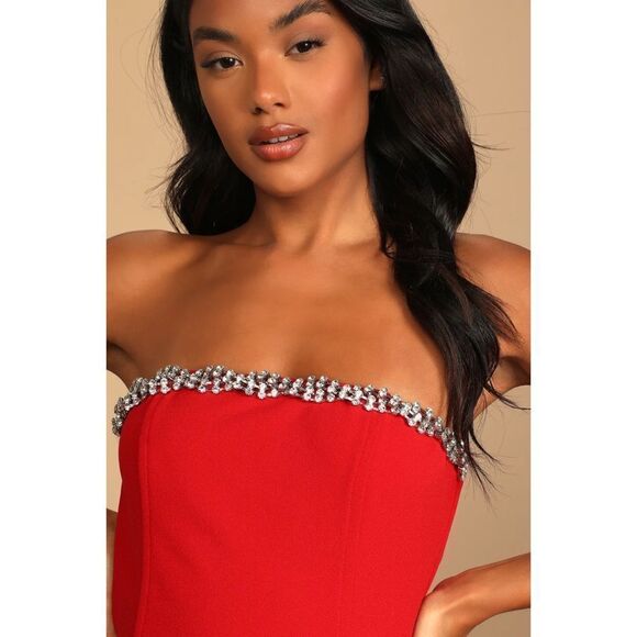 NEW Lulu’s | Feel the Beat Red Rhinestone Strapless Bodycon Mini Dress, Size M - Picture 3 of 15